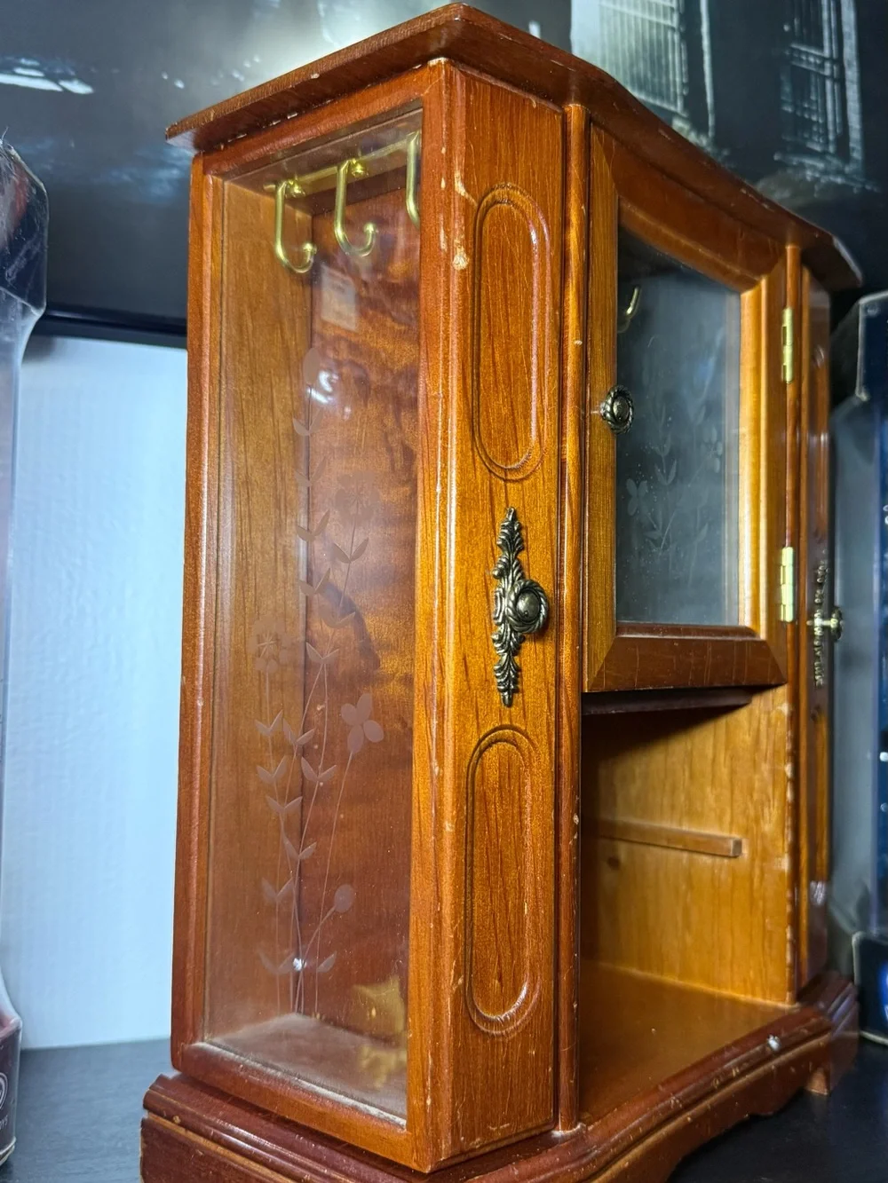 Vintage 1990s Wooden Jewelry Armoire Cabinet With Etched Flower On GlassCabinets